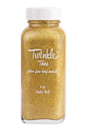 A collection of bottles in various colors labeled 'TWINKLE TOES', indicating a variety of glitter solutions for horse hooves.