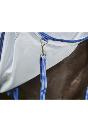A horse wearing a gray WeatherBeeta ComFiTec Airflow II Detach A Neck mesh sheet designed for summer protection.