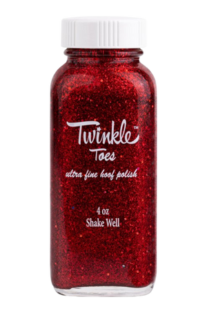 A collection of bottles in various colors labeled 'TWINKLE TOES', indicating a variety of glitter solutions for horse hooves.