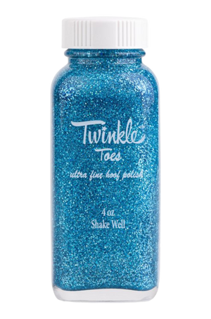 A collection of bottles in various colors labeled 'TWINKLE TOES', indicating a variety of glitter solutions for horse hooves.