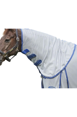 A horse wearing a gray WeatherBeeta ComFiTec Airflow II Detach A Neck mesh sheet designed for summer protection.