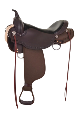 A brown Circle Y Daisetta Cordura Trail saddle with stainless steel hardware and copper flower conchos, featuring lightweight Cordura skirts and fenders, and an adjustable position flat plate rigging.