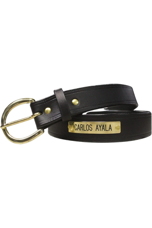 A black  or brown custom leather belt with a brass nameplate engraved