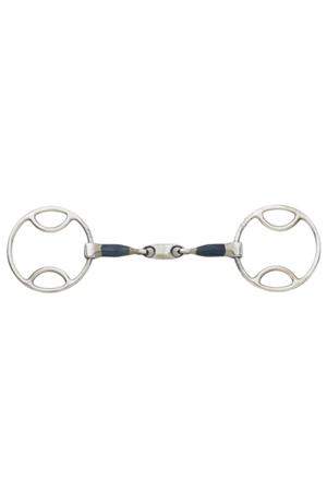 A blue steel bit with an oval link loopring gag, typically used for horse riding.