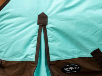 aqua and brown horse blanket on a white background