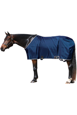 A horse wearing a blue open front nylon stable sheet.