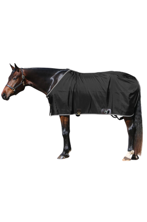 A horse wearing a black open front nylon stable sheet.