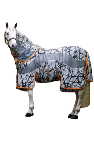 A mannequin horse wearing a gray camouflage fly sheet with orange trim.