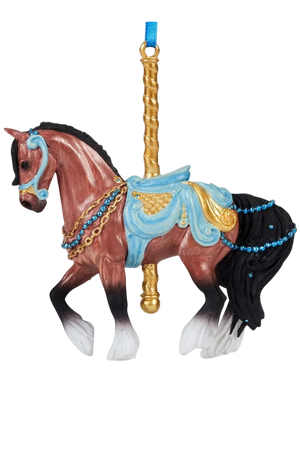 A decorative carousel horse ornament featuring a reddish-brown horse with a black mane and tail, white lower legs, a light blue saddle, gold accents, and a blue hanging ribbon.