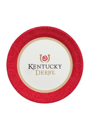 A red paper plate with a white center featuring the Kentucky Derby logo.
