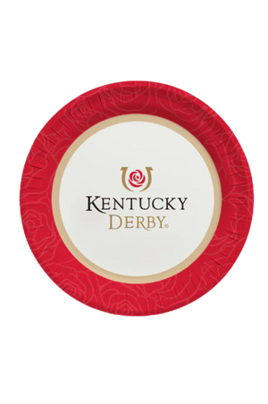A red paper plate with a white center featuring the Kentucky Derby logo.