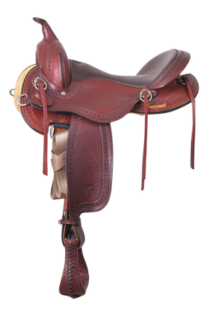 A red leather Circle Y Buffalo Gap Trail saddle with a fiberglass reinforced tree and a double buckle rigging system.