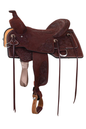 A brown Circle Y Burnett Flex2 Trail Saddle with detailed tooling and a classic ranchy look.