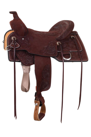A brown Circle Y Burnett Flex2 Trail Saddle with detailed tooling and a classic ranchy look.