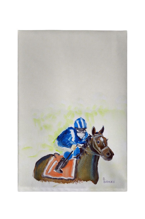 A hand towel featuring an illustration of a horse and jockey in blue and orange colors on a white background.