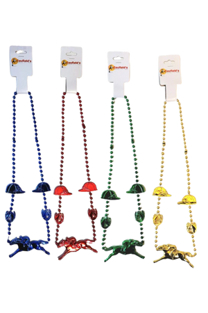 A collection of four strands of festive beads with jockey caps, in assorted metallic colors.