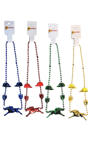 A collection of four strands of festive beads with jockey caps, in assorted metallic colors.