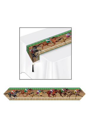 A table runner with a horse and jockey theme, featuring a glossy vinyl surface and gold tassels on each end.