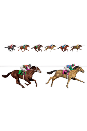 A decorative streamer featuring illustrations of horses with jockeys, designed for horse racing themed events.