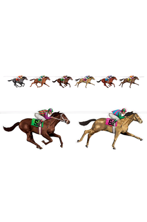 A decorative streamer featuring illustrations of horses with jockeys, designed for horse racing themed events.