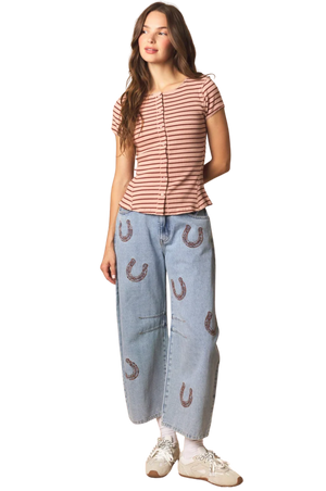 Horse Shoe Emb Denim Barrel Jeans