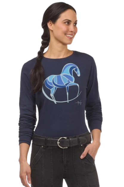 Woman wearing a navy long-sleeve shirt with a blue horse graphic on a white background