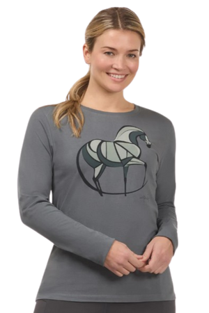 Woman wearing a gray long-sleeve shirt with a graphic design on a white background