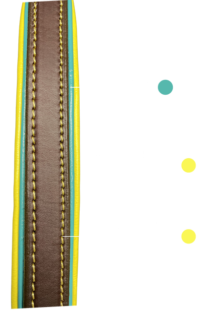 Close-up of a striped fabric with brown, yellow, and blue colors on a white background.
