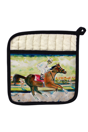 A pot holder/oven mitt featuring a vibrant printed front panel with a racing horse and jockey design. The interior is lined with a soft terry cloth.