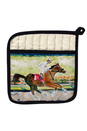 A pot holder/oven mitt featuring a vibrant printed front panel with a racing horse and jockey design. The interior is lined with a soft terry cloth.