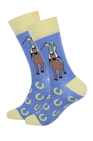 A pair of socks with a racing jockey design, predominantly blue with yellow accents and white racing lines.