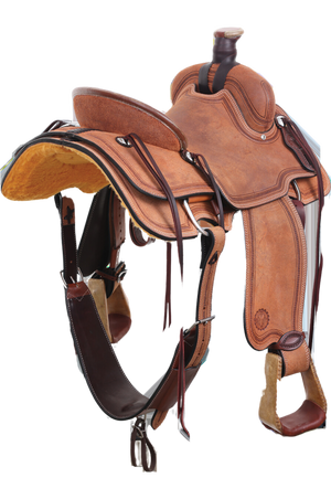 A brown Riata Ranch Roper saddle designed for roping, made with premium Hermann Oak leather and featuring a Kevlar reinforced tree.