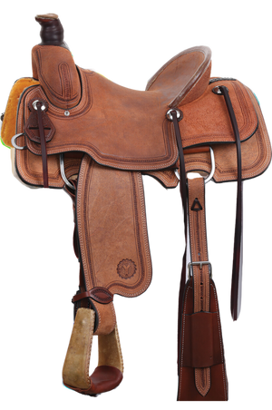 A brown Riata Ranch Roper saddle designed for roping, made with premium Hermann Oak leather and featuring a Kevlar reinforced tree.