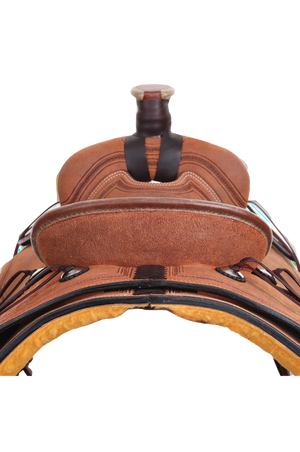 A brown Riata Ranch Roper saddle designed for roping, made with premium Hermann Oak leather and featuring a Kevlar reinforced tree.