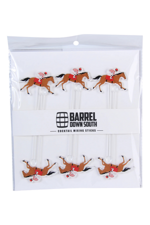 Packaged cocktail stirrers with a horse and jockey design, branded by BARREL DOWN SOUTH COCKTAIL STIRRERS.