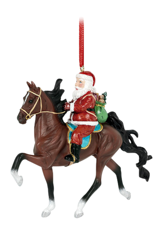 Decorative ornament of Santa Claus riding a horse on a white background