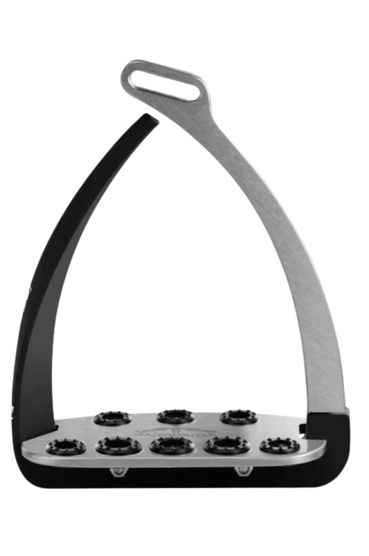Equestrian stirrup with black rubber tips on a white background