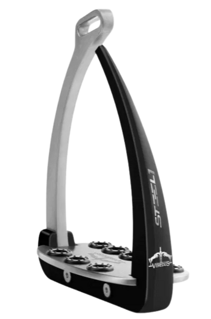 Black and silver stirrup with 'Steel' branding on a white background
