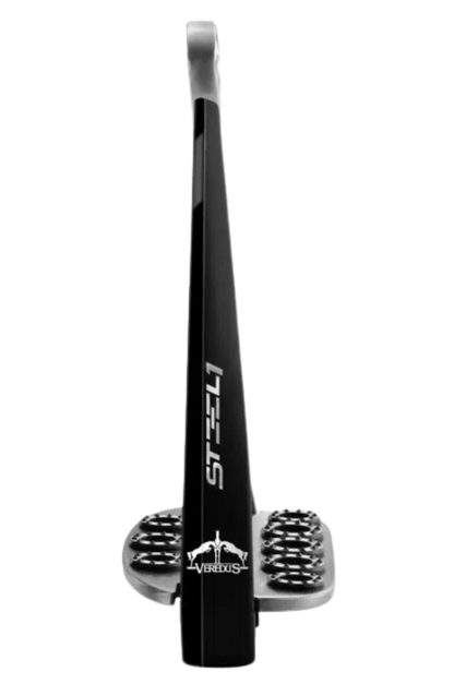 Equestrian stirrup with black rubber tips on a white background