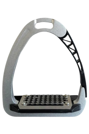 Metal equestrian stirrup on a white background