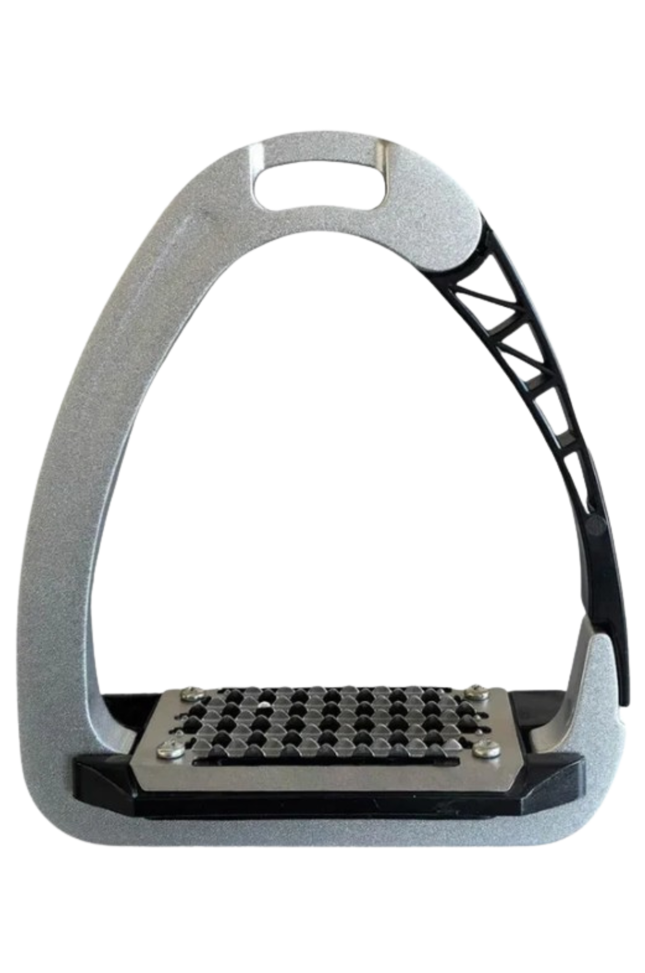 Metal equestrian stirrup on a white background