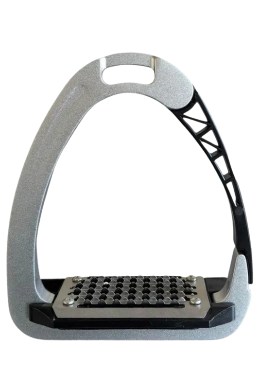 Metal equestrian stirrup on a white background