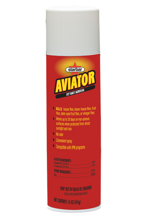 A can of AVIATOR FLY BAIT AEROSOL with red and white color scheme.