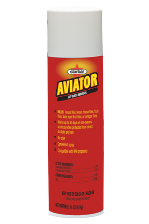 A can of AVIATOR FLY BAIT AEROSOL with red and white color scheme.