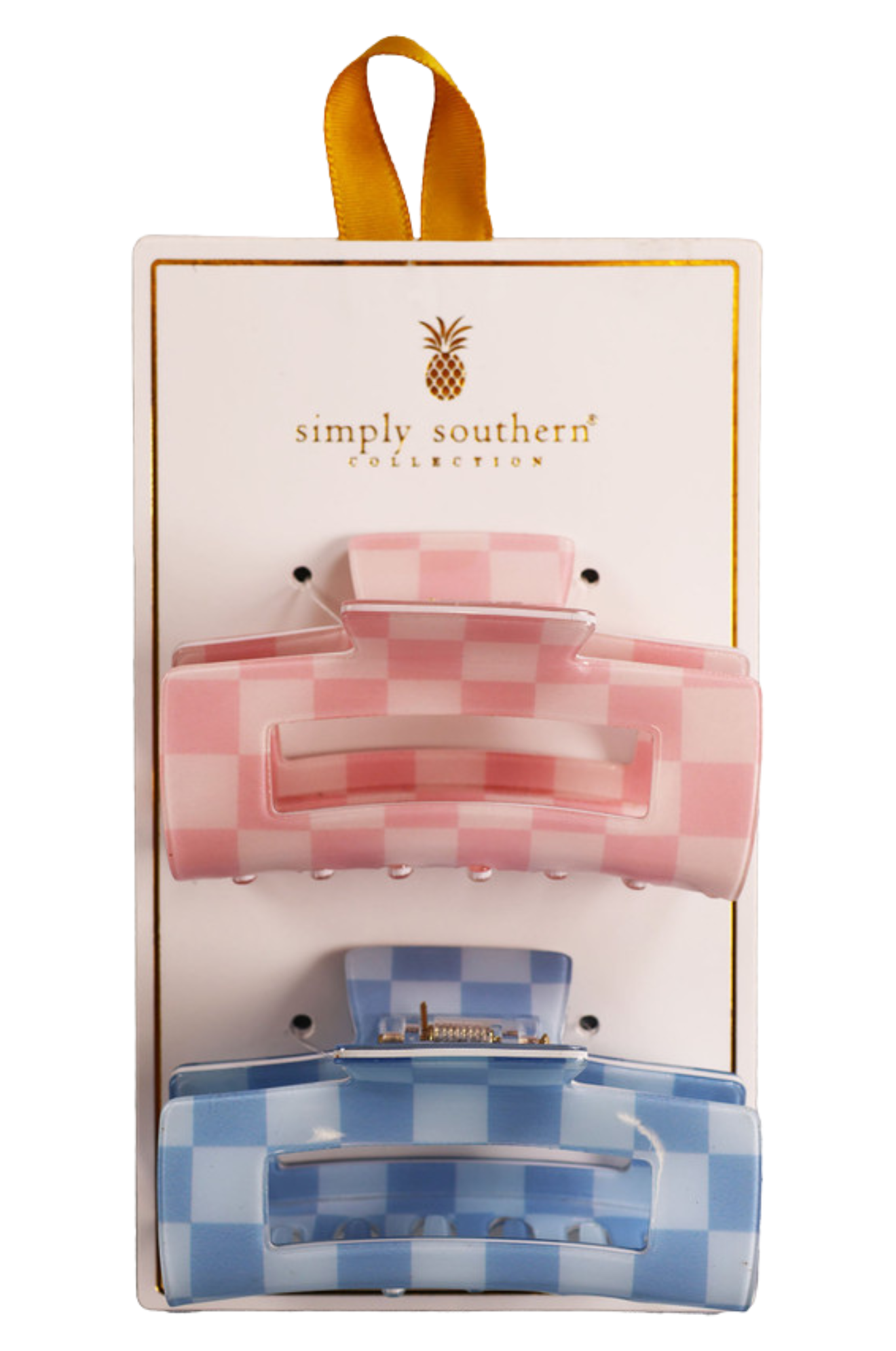 Two hair clips, one green and one brown, displayed on a vertical cardboard stand with a logo at the top.