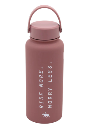A pink insulated water bottle with white text 'Ride More, Worry Less' and a small graphic of a horse.
