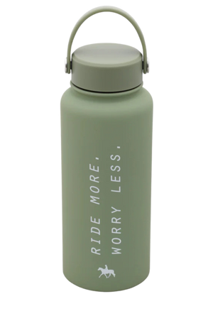 A green insulated water bottle with white text 'Ride More, Worry Less' and a small graphic of a horse.