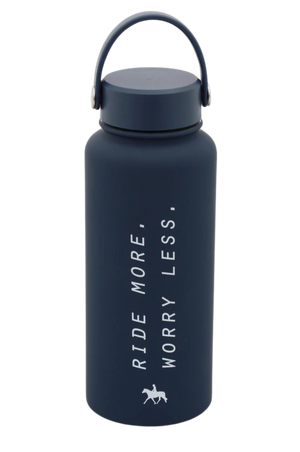 A blue insulated water bottle with white text 'Ride More, Worry Less' and a small graphic of a horse.