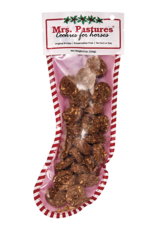 A stocking stuffered with all-natural horse treats, presented in a festive Christmas-themed packaging with red and white stripes.