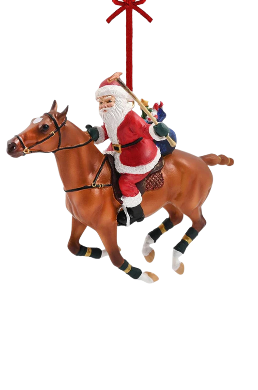 A decorative Santa ornament riding a chestnut polo pony with a mallet in hand, designed for gift wrapping.